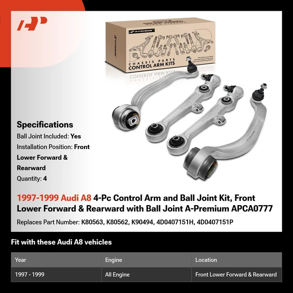 1997-1999 Audi A8 4-Pc Control Arm and Ball Joint Kit, Front Lower Forward & Rearward with Ball Joint A-Premium APCA0777