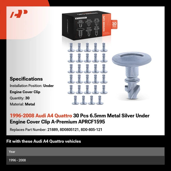 1996-2008 Audi A4 Quattro 30 Pcs 6.5mm Metal Silver Under Engine Cover Clip A-Premium APRCF1595
