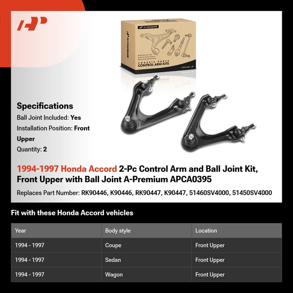 1994-1997 Honda Accord 2-Pc Control Arm and Ball Joint Kit, Front Upper with Ball Joint A-Premium APCA0395