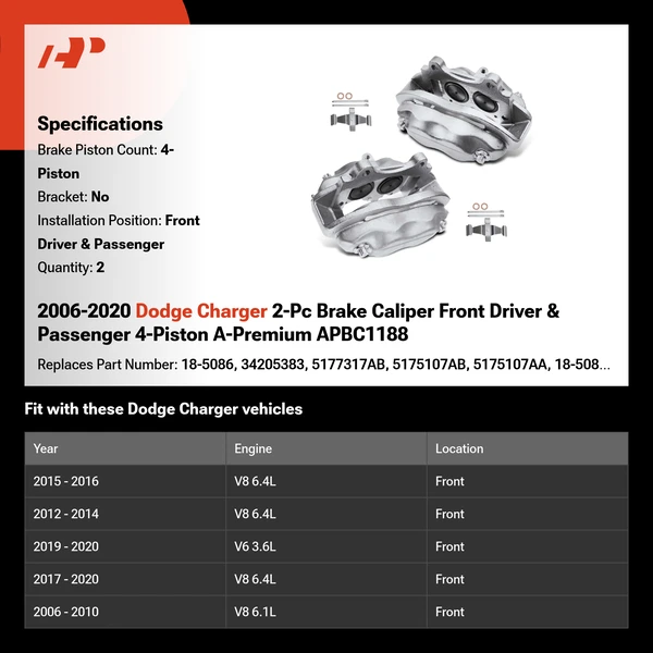 2006-2020 Dodge Charger 2-Pc Brake Caliper Front Driver & Passenger 4-Piston A-Premium APBC1188
