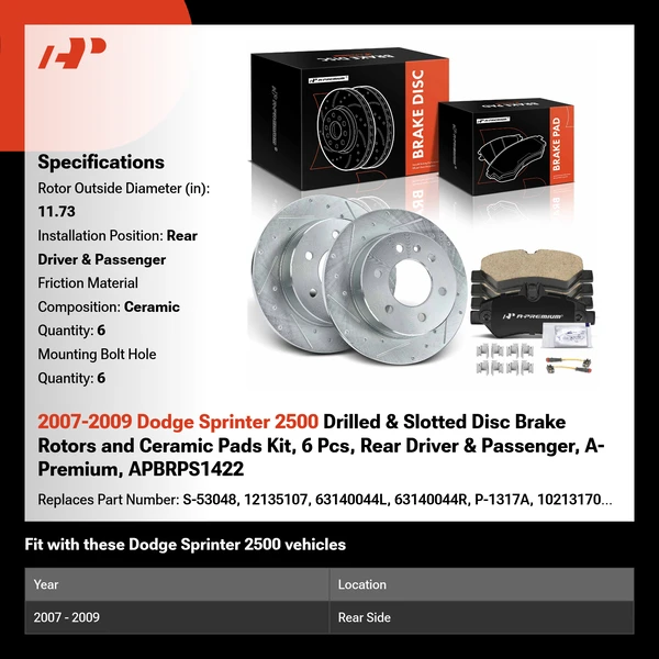 2007-2009 Dodge Sprinter 2500 Drilled & Slotted Disc Brake Rotors and Ceramic Pads Kit, 6 Pcs, Rear Driver & Passenger, A-Premium, APBRPS1422