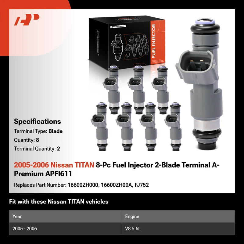 2005-2006 Nissan TITAN 8-Pc Fuel Injector 2-Blade Terminal A-Premium APFI611
