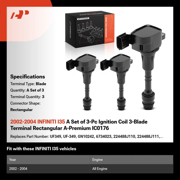 2002-2004 INFINITI I35 A Set of 3-Pc Ignition Coil 3-Blade Terminal Rectangular A-Premium IC0176