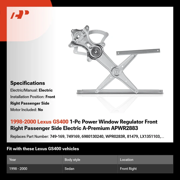 1998-2000 Lexus GS400 1-Pc Power Window Regulator Front Right Passenger Side Electric A-Premium APWR2883