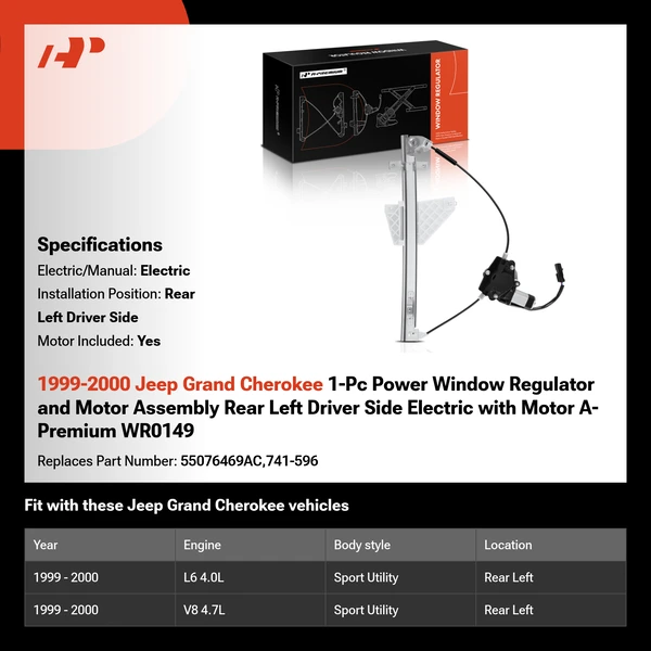 1999-2000 Jeep Grand Cherokee 1-Pc Power Window Regulator and Motor Assembly Rear Left Driver Side Electric with Motor A-Premium WR0149