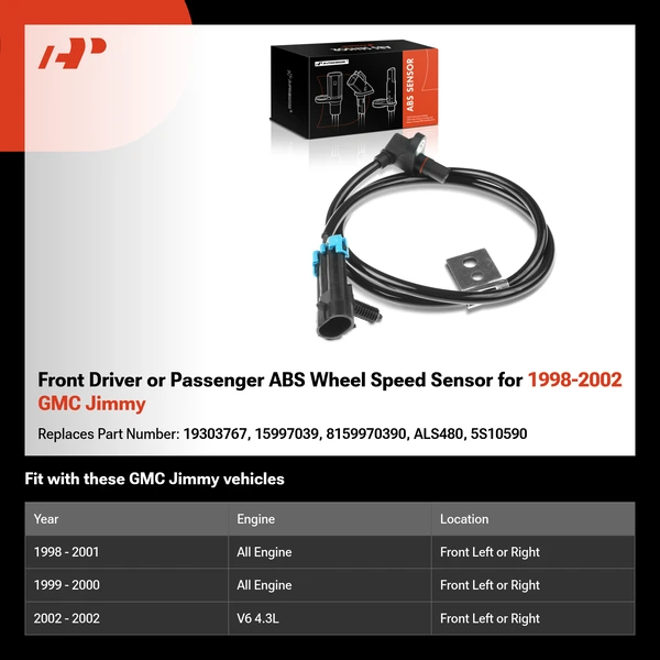 Front Driver or Passenger ABS Wheel Speed Sensor for 1998-2002 GMC Jimmy