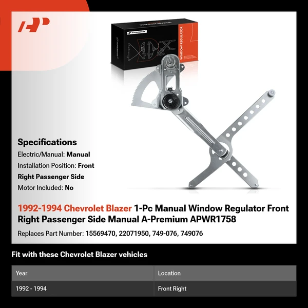 1992-1994 Chevrolet Blazer 1-Pc Manual Window Regulator Front Right Passenger Side Manual A-Premium APWR1758
