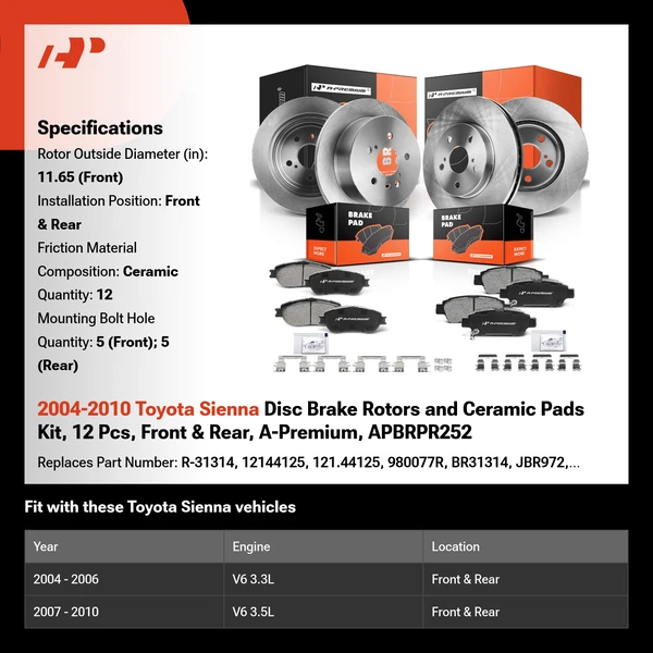 2004-2010 Toyota Sienna Disc Brake Rotors and Ceramic Pads Kit, 12 Pcs, Front & Rear, A-Premium, APBRPR252