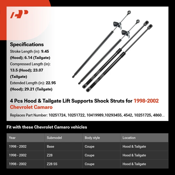 4 Pcs Hood & Tailgate Lift Supports Shock Struts for 1998-2002 Chevrolet Camaro