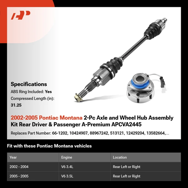 2002-2005 Pontiac Montana 2-Pc Axle and Wheel Hub Assembly Kit Rear Driver & Passenger A-Premium APCVA2445