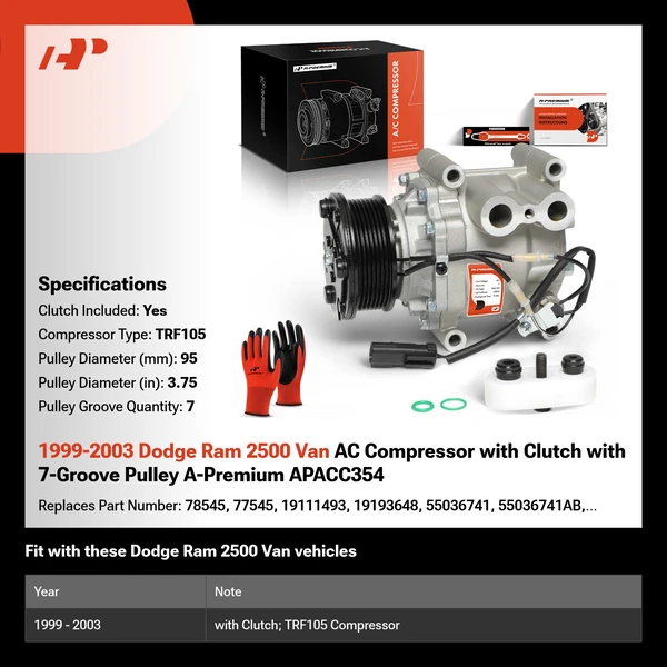 1999-2003 Dodge Ram 2500 Van AC Compressor with Clutch with 7-Groove Pulley A-Premium APACC354