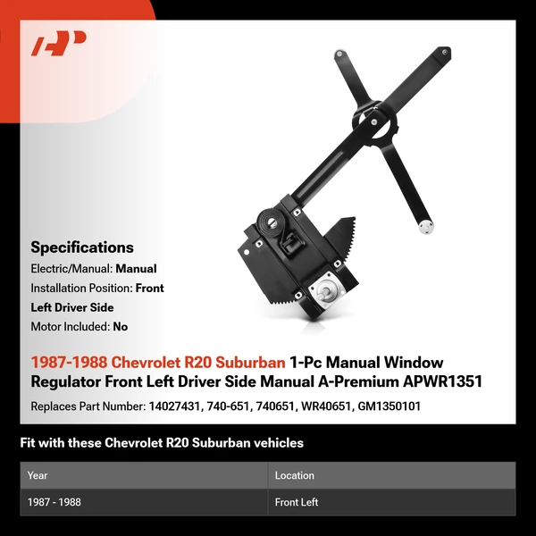 1987-1988 Chevrolet R20 Suburban 1-Pc Manual Window Regulator Front Left Driver Side Manual A-Premium APWR1351