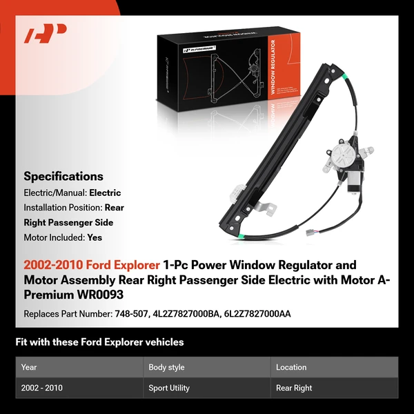 2002-2010 Ford Explorer 1-Pc Power Window Regulator and Motor Assembly Rear Right Passenger Side Electric with Motor A-Premium WR0093