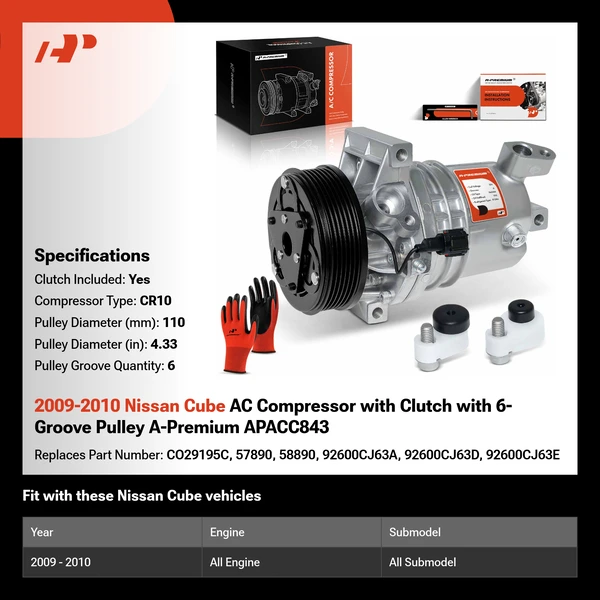 2009-2010 Nissan Cube AC Compressor with Clutch with 6-Groove Pulley A-Premium APACC843