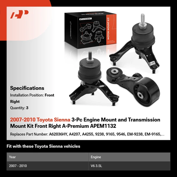 2007-2010 Toyota Sienna 3-Pc Engine Mount and Transmission Mount Kit Front Right A-Premium APEM1132