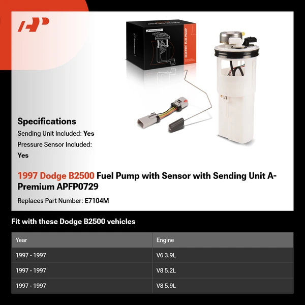 1997 Dodge B2500 Fuel Pump with Sensor with Sending Unit A-Premium APFP0729