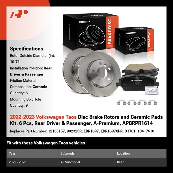 2022-2023 Volkswagen Taos Disc Brake Rotors and Ceramic Pads Kit, 6 Pcs, Rear Driver & Passenger, A-Premium, APBRPR1614