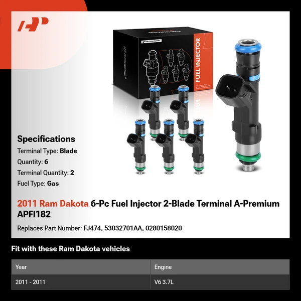 2011 Ram Dakota 6-Pc Fuel Injector 2-Blade Terminal A-Premium APFI182