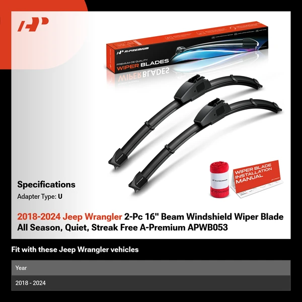 2018-2024 Jeep Wrangler 2-Pc 16" Beam Windshield Wiper Blade All Season, Quiet, Streak Free A-Premium APWB053