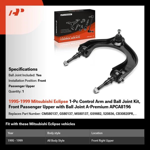 1995-1999 Mitsubishi Eclipse 1-Pc Control Arm and Ball Joint Kit, Front Passenger Upper with Ball Joint A-Premium APCA8196