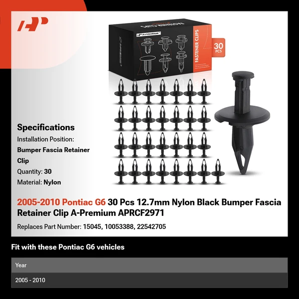 2005-2010 Pontiac G6 30 Pcs 12.7mm Nylon Black Bumper Fascia Retainer Clip A-Premium APRCF2971