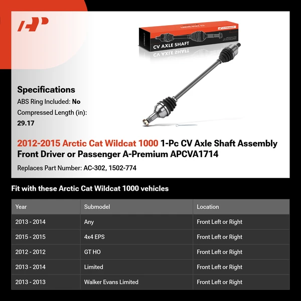 2012-2015 Arctic Cat Wildcat 1000 1-Pc CV Axle Shaft Assembly Front Driver or Passenger A-Premium APCVA1714