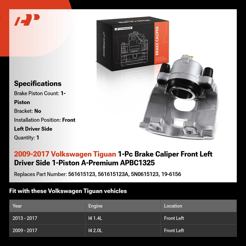 2009-2017 Volkswagen Tiguan 1-Pc Brake Caliper Front Left Driver Side 1-Piston A-Premium APBC1325
