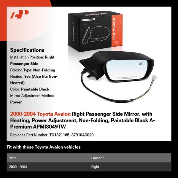 2000-2004 Toyota Avalon Right Passenger Side Mirror, with Heating, Power Adjustment, Non-Folding, Paintable Black A-Premium APMI3049TW