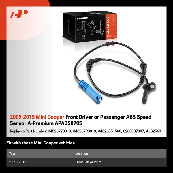 2009-2015 Mini Cooper Front Driver or Passenger ABS Speed Sensor A-Premium APABS0705