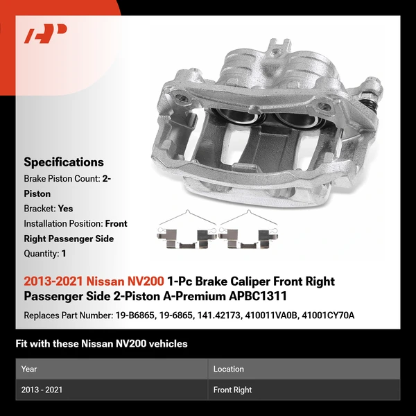 2013-2021 Nissan NV200 1-Pc Brake Caliper Front Right Passenger Side 2-Piston A-Premium APBC1311