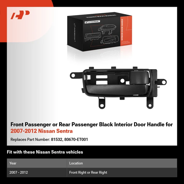 Front Passenger or Rear Passenger Black Interior Door Handle for 2007-2012 Nissan Sentra