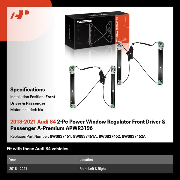2018-2021 Audi S4 2-Pc Power Window Regulator Front Driver & Passenger A-Premium APWR3196
