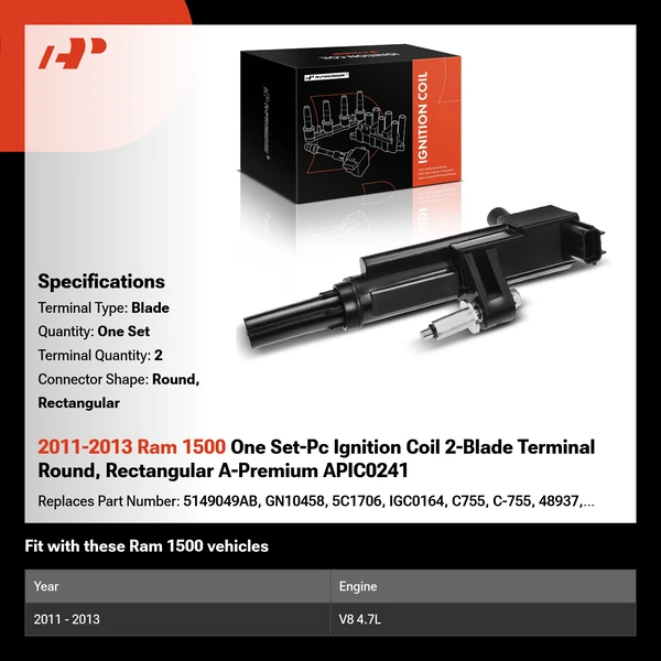 2011-2013 Ram 1500 One Set-Pc Ignition Coil 2-Blade Terminal Round, Rectangular A-Premium APIC0241