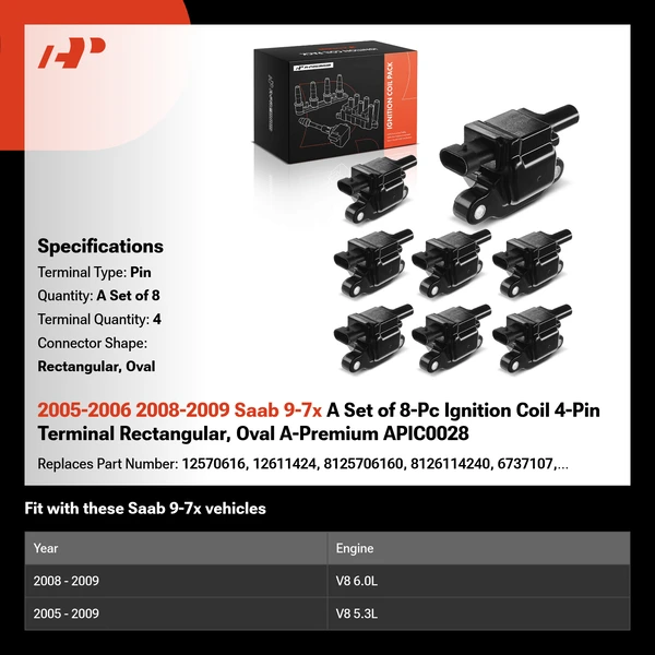 2005-2006 2008-2009 Saab 9-7x A Set of 8-Pc Ignition Coil 4-Pin Terminal Rectangular, Oval A-Premium APIC0028