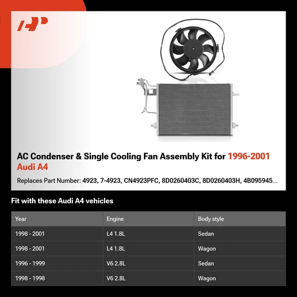 AC Condenser & Single Cooling Fan Assembly Kit for 1996-2001 Audi A4
