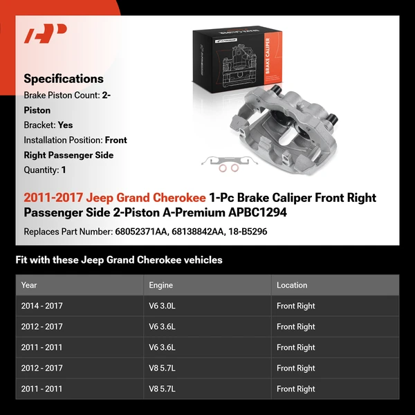 2011-2017 Jeep Grand Cherokee 1-Pc Brake Caliper Front Right Passenger Side 2-Piston A-Premium APBC1294