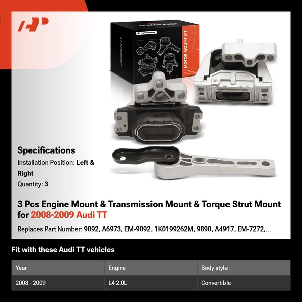 3 Pcs Engine Mount & Transmission Mount & Torque Strut Mount for 2008-2009 Audi TT