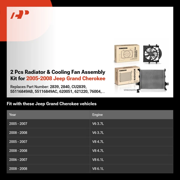 2 Pcs Radiator & Cooling Fan Assembly Kit for 2005-2008 Jeep Grand Cherokee