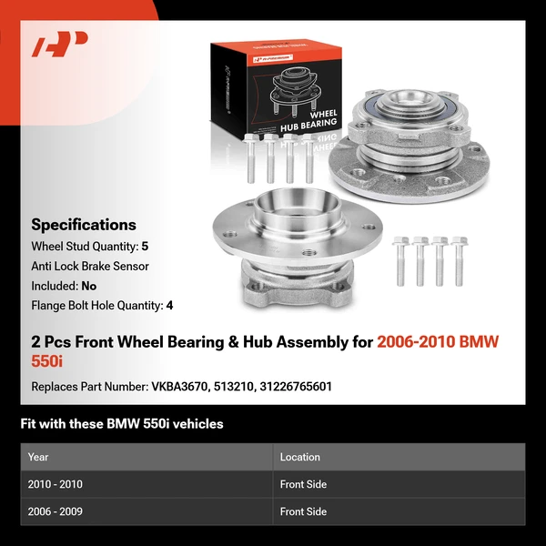 2 Pcs Front Wheel Bearing & Hub Assembly for 2006-2010 BMW 550i