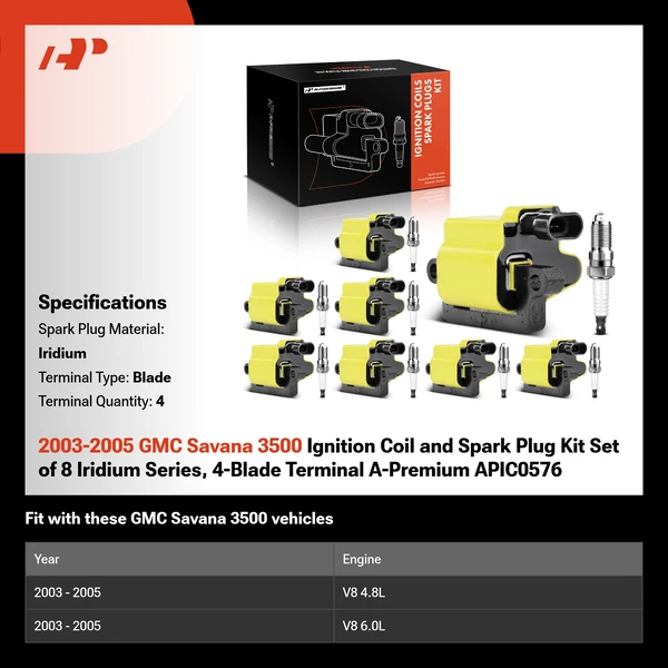 2003-2005 GMC Savana 3500 Ignition Coil and Spark Plug Kit Set of 8 Iridium Series, 4-Blade Terminal A-Premium APIC0576