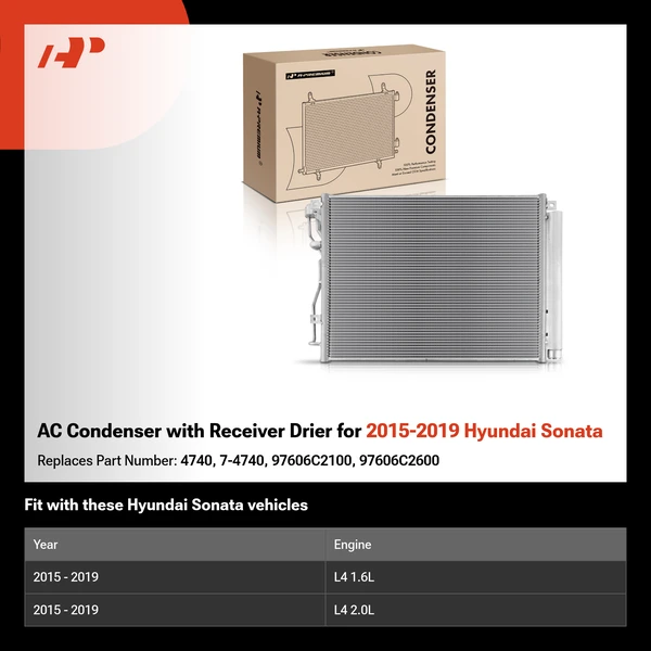 AC Condenser with Receiver Drier for 2015-2019 Hyundai Sonata