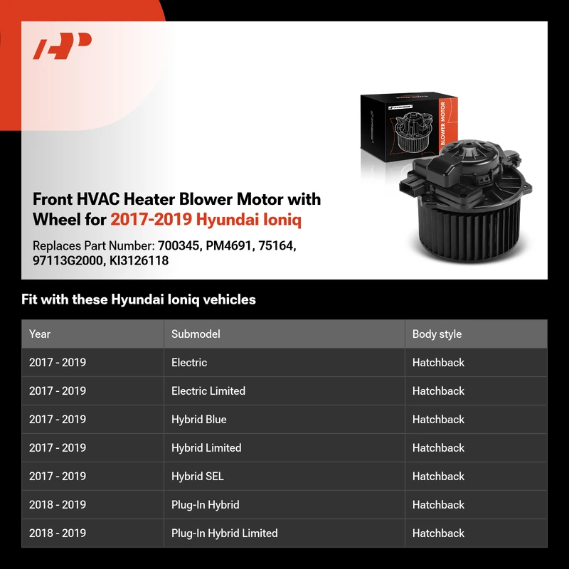 Front HVAC Heater Blower Motor with Wheel for 2017-2019 Hyundai Ioniq