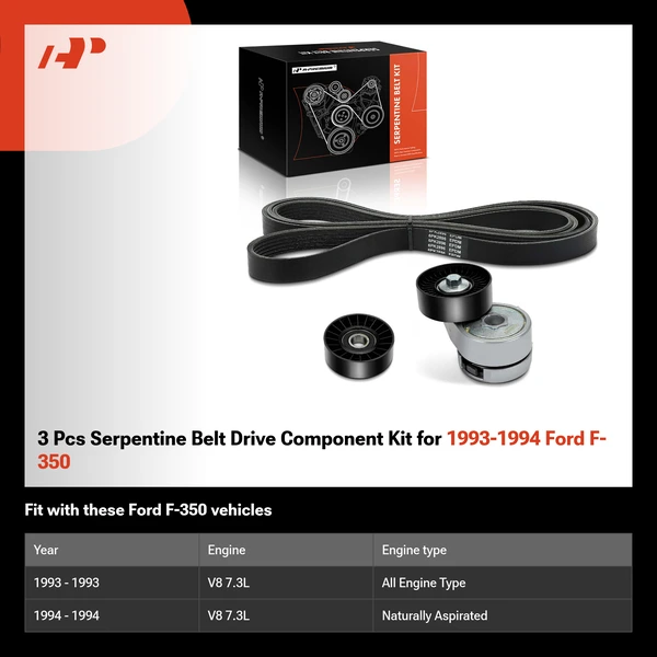 3 Pcs Serpentine Belt Drive Component Kit for 1993-1994 Ford F-350