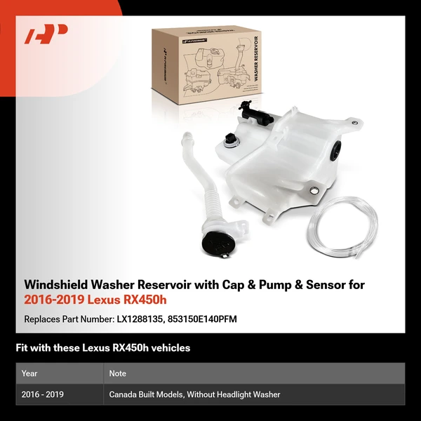 Windshield Washer Reservoir with Cap & Pump & Sensor for 2016-2019 Lexus RX450h