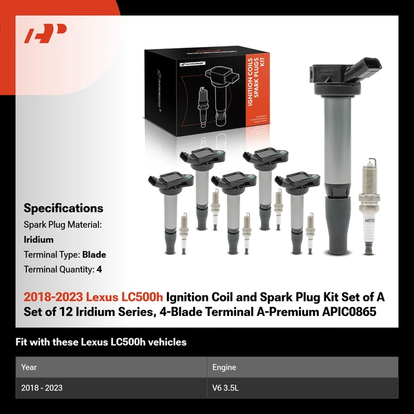 2018-2023 Lexus LC500h Ignition Coil and Spark Plug Kit Set of 12 Iridium Series, 4-Blade Terminal A-Premium APIC0865