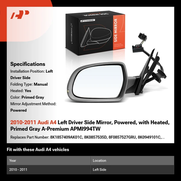 2010-2011 Audi A4 Left Driver Side Mirror, Powered, with Heated, Primed Gray A-Premium APMI994TW