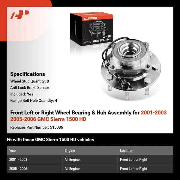 Front Left or Right Wheel Bearing & Hub Assembly for 2001-2003 2005-2006 GMC Sierra 1500 HD