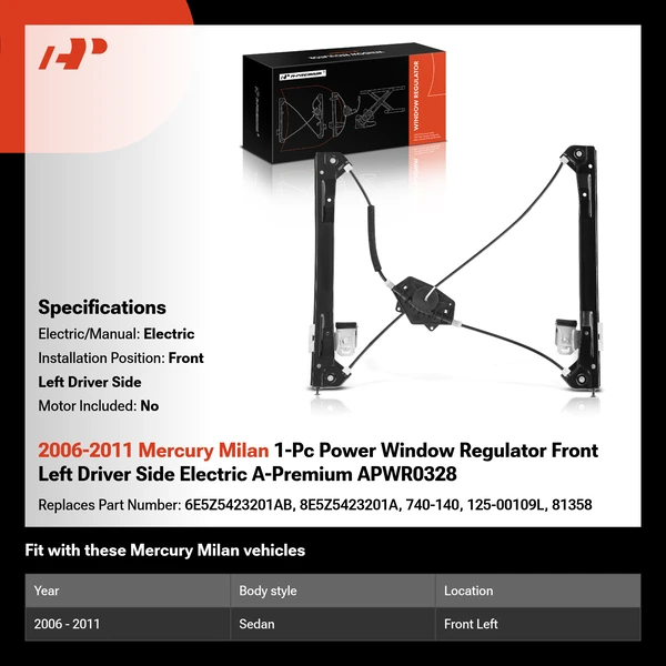 2006-2011 Mercury Milan 1-Pc Power Window Regulator Front Left Driver Side Electric A-Premium APWR0328