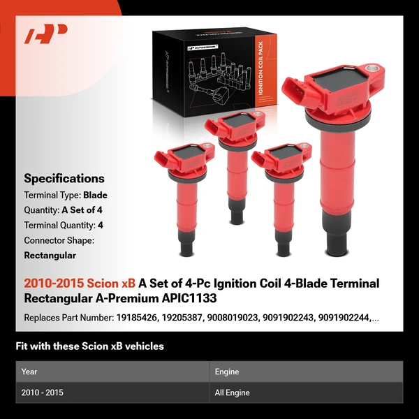 2010-2015 Scion xB A Set of 4-Pc Ignition Coil 4-Blade Terminal Rectangular A-Premium APIC1133