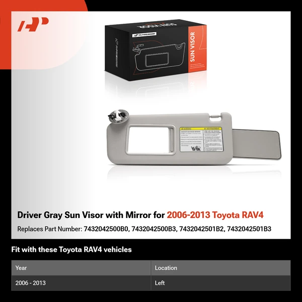 Driver Gray Sun Visor with Mirror for 2006-2013 Toyota RAV4